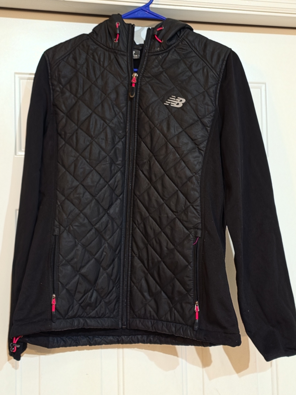 New Balance Black Quilted Hooded Jacket with Pink Trim